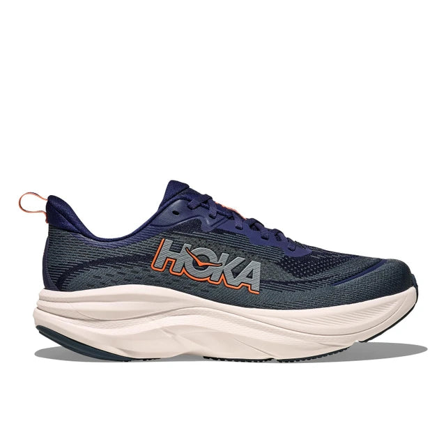 Side view on white background of Mens Hoka Skyflow running shoe in Midnight Blue/Varsity Navy, Medium (Regular) width
