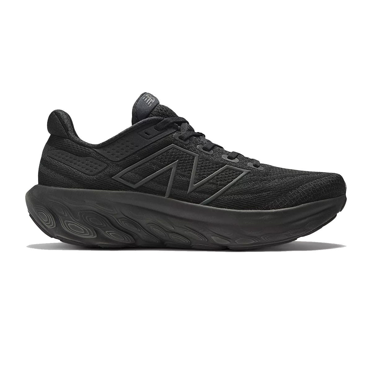 Side view on white background of Mens New Balance Fresh Foam X 1080v13 running shoe in Black/Blacktop, Medium (Regular) width