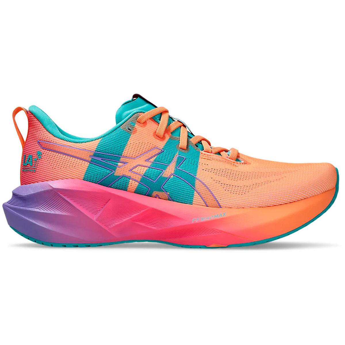 Side view on white background of Mens Asics Novablast 5 running shoe in Mojave/Amethyst, Medium (Regular) width