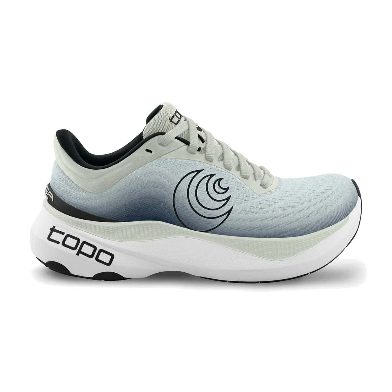 Side view on white background of Mens Topo Athletic Aura running shoe in Grey/Charcoal, Medium (Regular) width