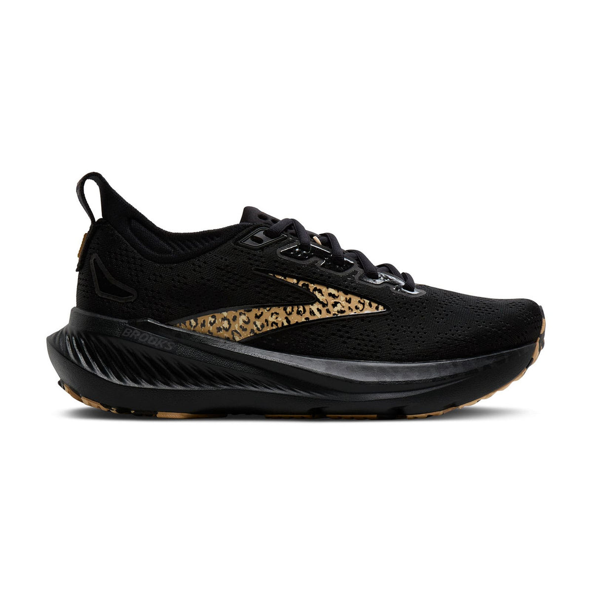 Side view on white background of Womens Brooks Glycerin 23 running shoe in Black/Asphalt/Iced Coffee, Medium (Regular) width