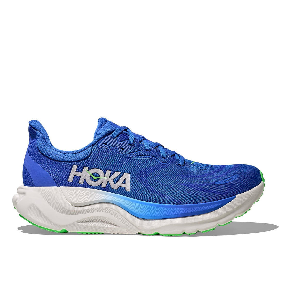Side view on white background of Mens Hoka Arahi 8 running shoe in Cobalt Blue/Neon Green, Medium (Regular) width