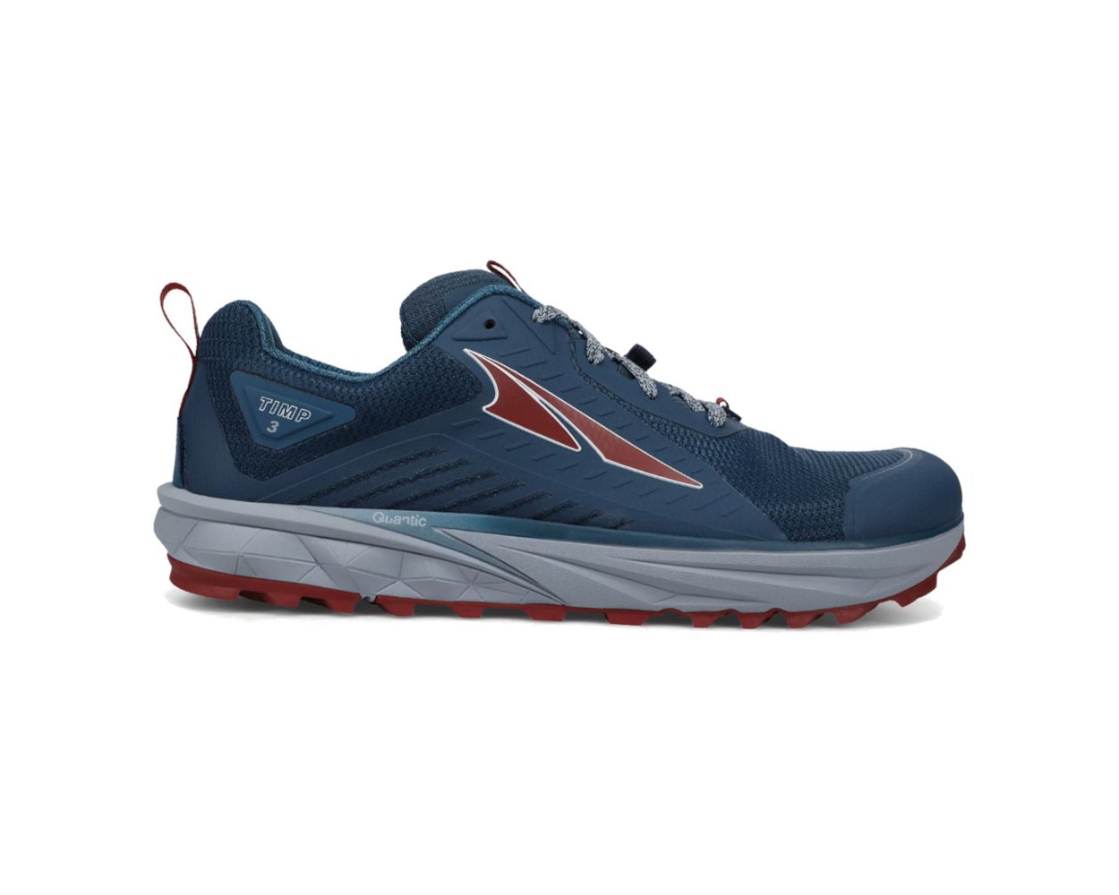 Side view on white background of Mens Altra Timp 3 running shoe in Majolica Blue, Medium (Regular) width