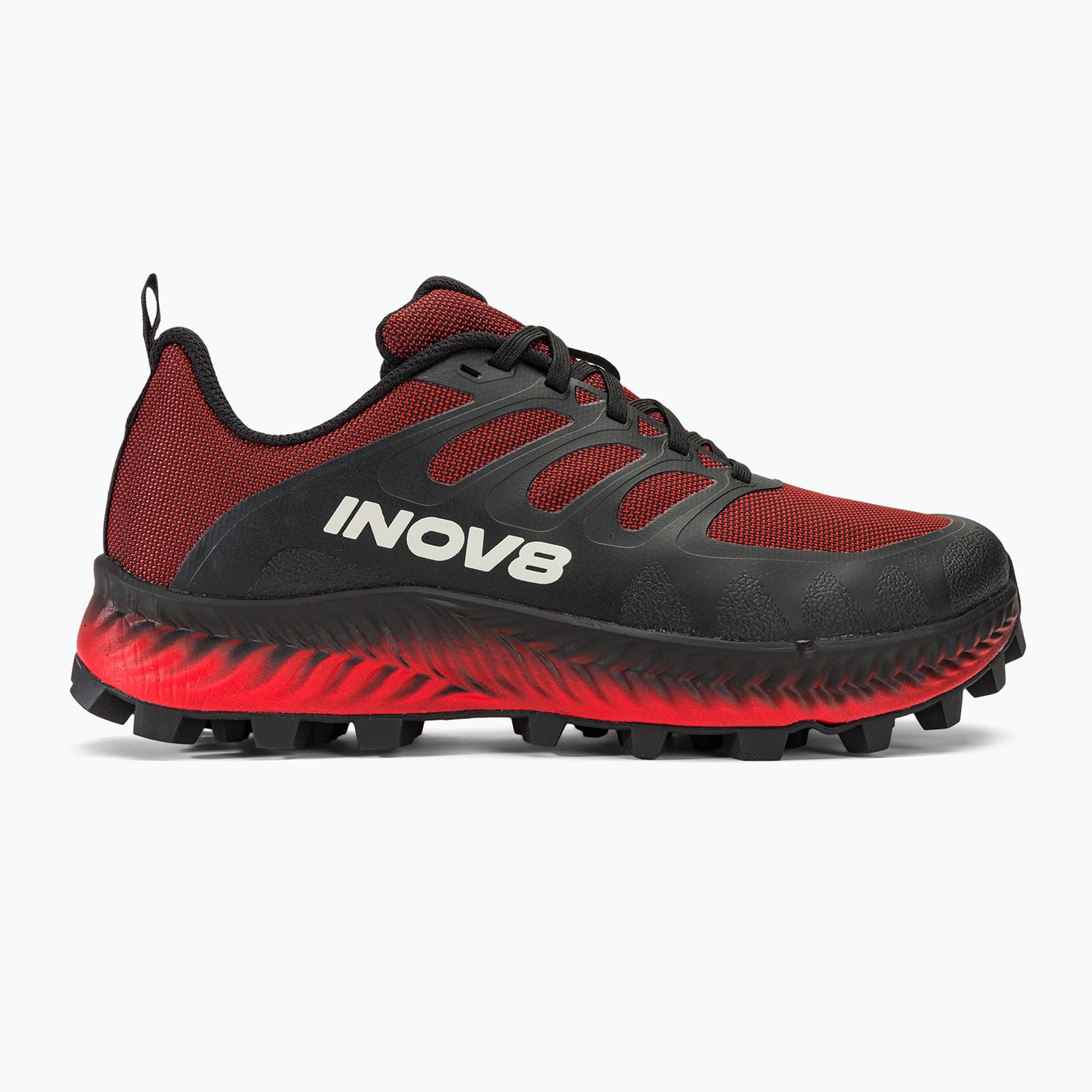 Side view on white background of Mens Inov8 MudTalon running shoe in Red/Black, Wide width
