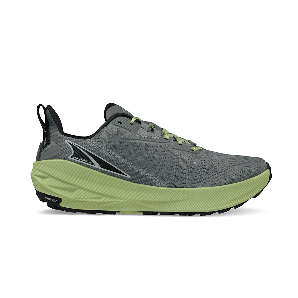 Side view on white background of Mens Altra Experience running shoe in Gray/Green, Medium (Regular) width