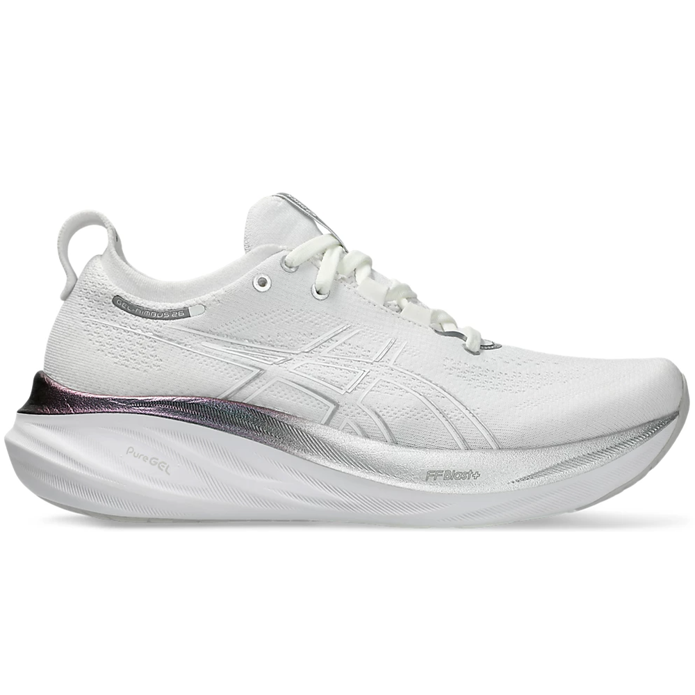 Side view on white background of Mens Asics Gel-Nimbus running shoe in Real White/Pure Silver, Medium (Regular) width