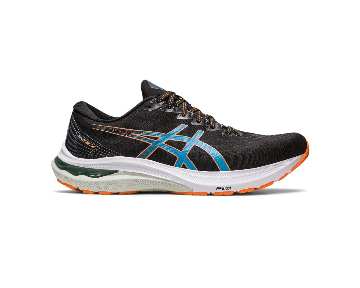 Side view on white background of Mens Asics Gt-2000 11 Mk running shoe in Black/Indigo Blue, Medium (Regular) width