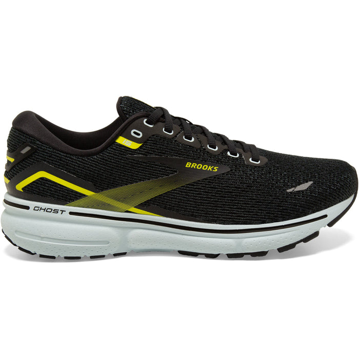 Men's Brooks Ghost 15, Black/Ballad Blue/Sulphur, 7 D Medium