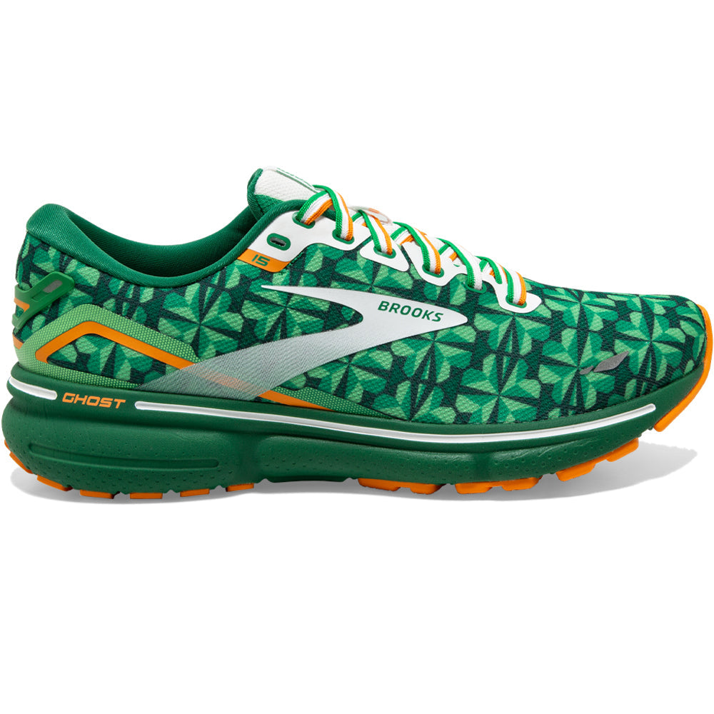 Men's Brooks Ghost 15, Green/White/Orange, 9 D Medium