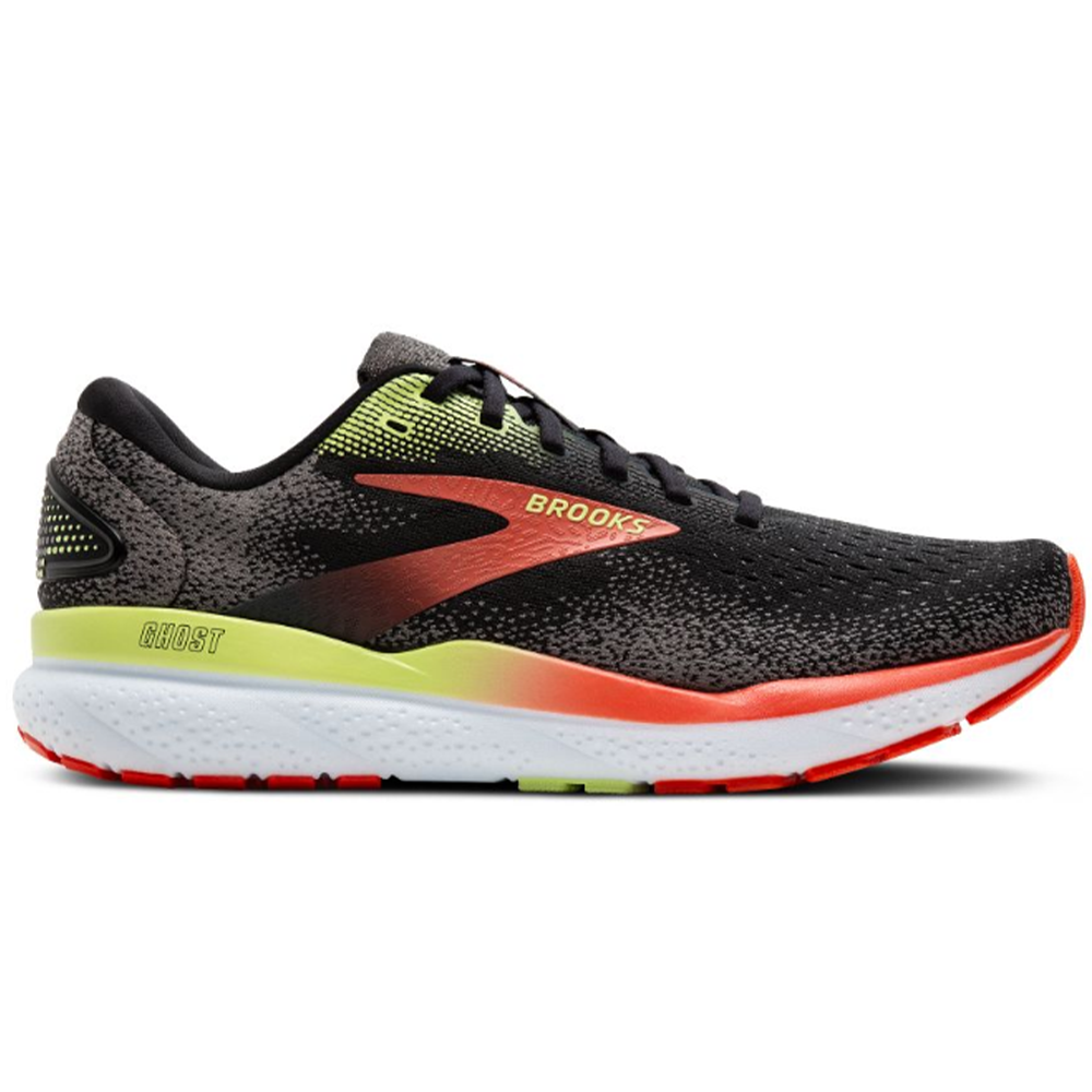 Side view on white background of Mens Brooks Ghost running shoe in Black/Mandarin Red/Green, Medium (Regular) width