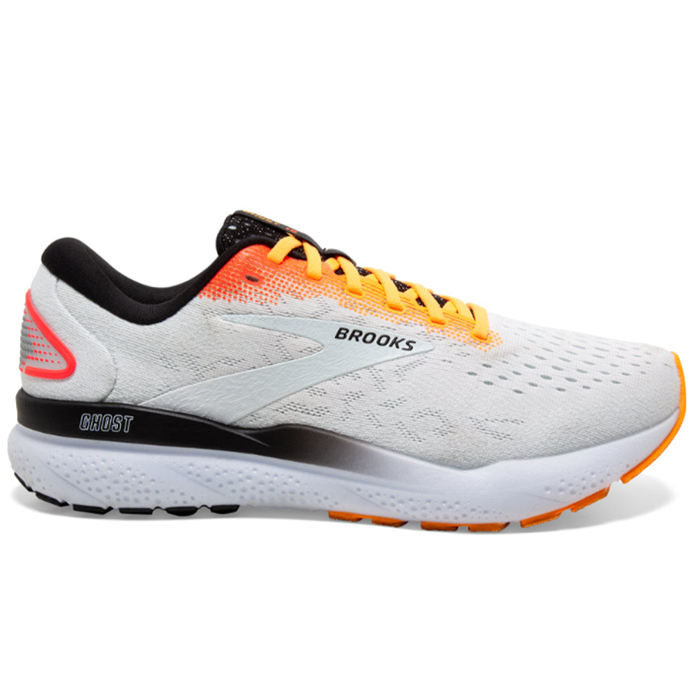 Side view on white background of Mens Brooks Ghost running shoe in White/Illusion/Coral, Medium (Regular) width