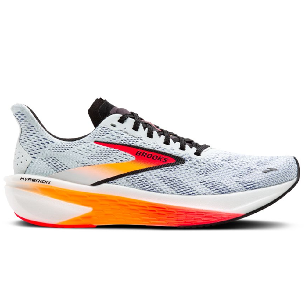 Side view on white background of Mens Brooks Hyperion running shoe in Illusion/Coral/Black, Medium (Regular) width