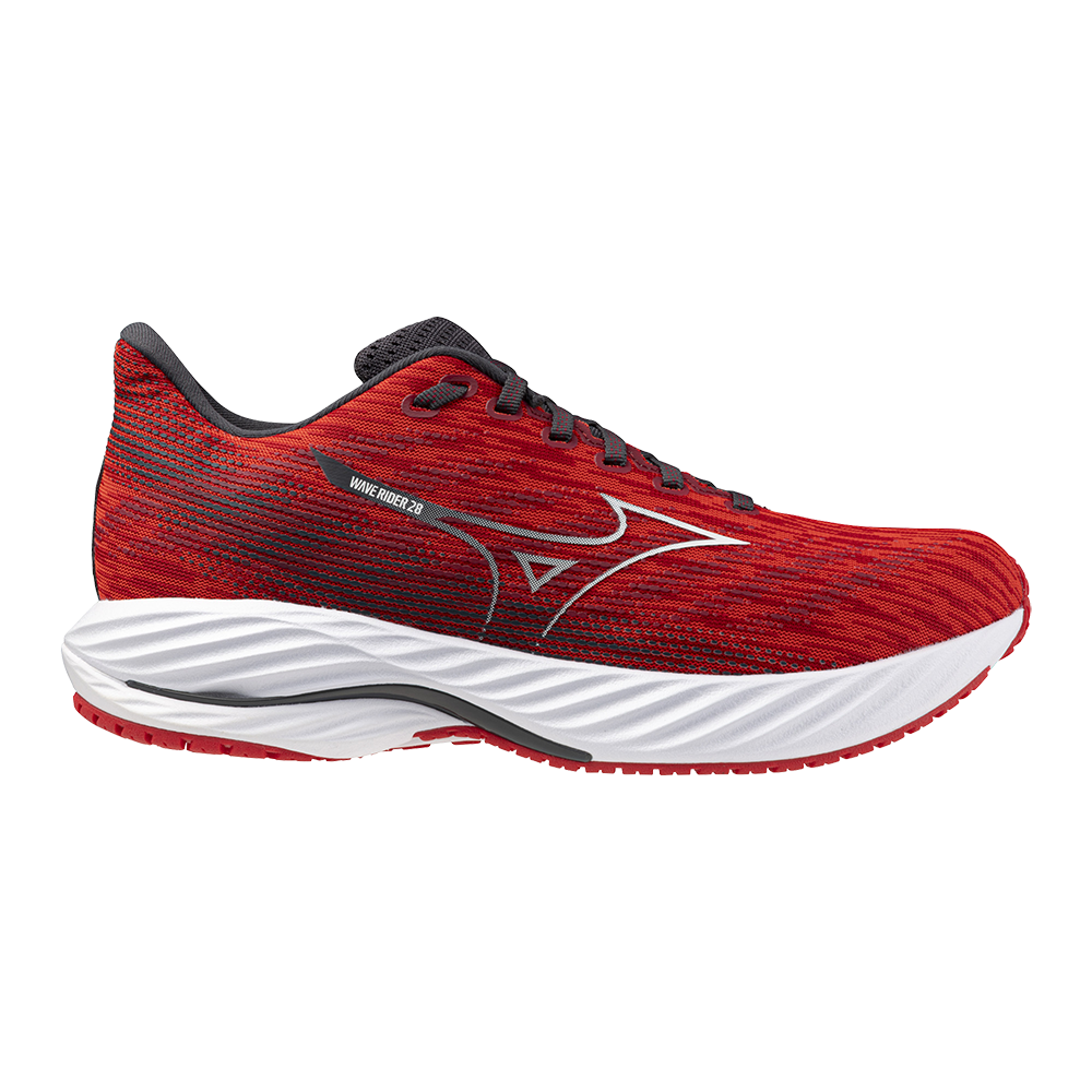 Side view on white background of Mens Mizuno Wave Rider running shoe in High Risk Red/White, Medium (Regular) width