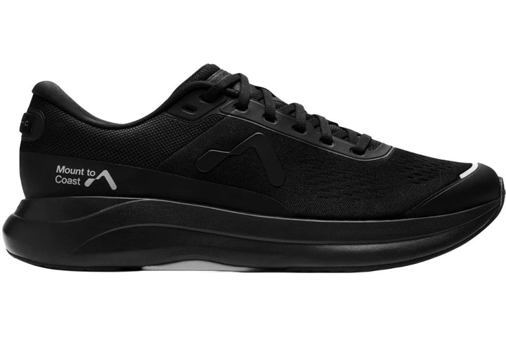 Side view on white background of Womens Mount To Coast P1 running shoe in Black, Medium (Regular) width