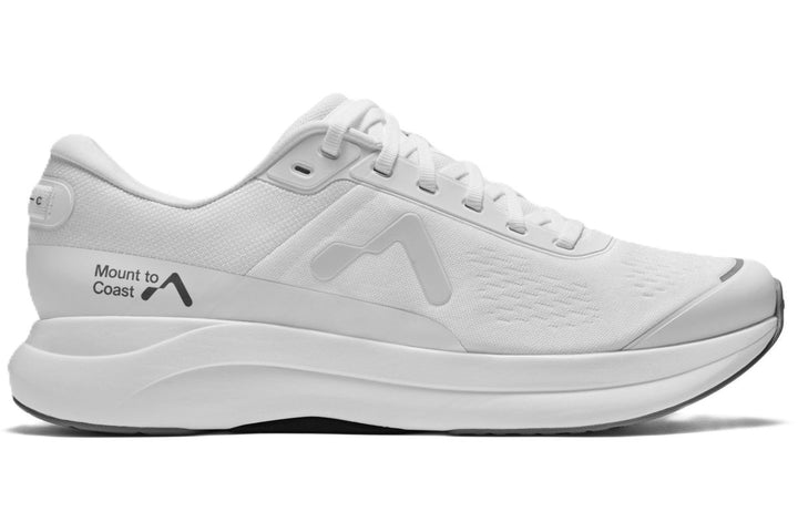 Side view on white background of Womens Mount To Coast P1 running shoe in White, Medium (Regular) width