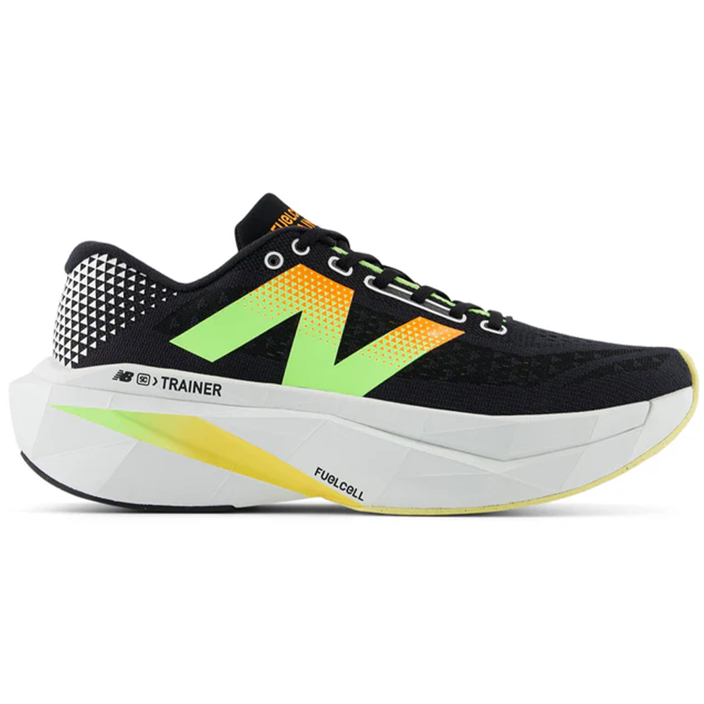 Side view on white background of Mens New Balance FuelCell SuperComp running shoe in Black/Phantom/Bleached Lime Glo, Medium (Regular) width