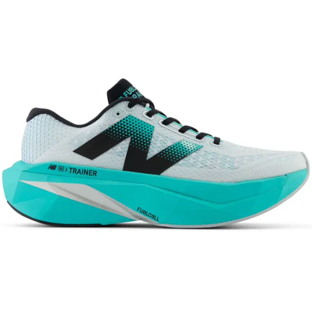 Side view on white background of Mens New Balance FuelCell SuperComp running shoe in White/Cyber Jade, Medium (Regular) width