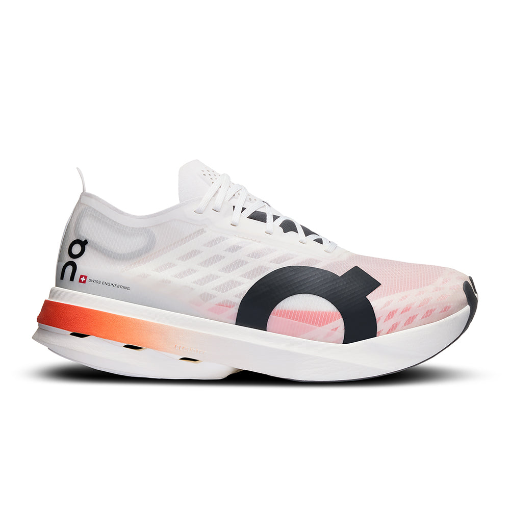 Side view on white background of Mens On Cloudboom Strike running shoe in White/Black, Medium (Regular) width