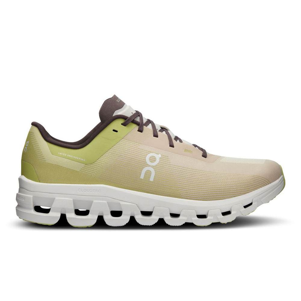 Side view on white background of Mens On Cloudflow running shoe in Zest/Frost, Medium (Regular) width