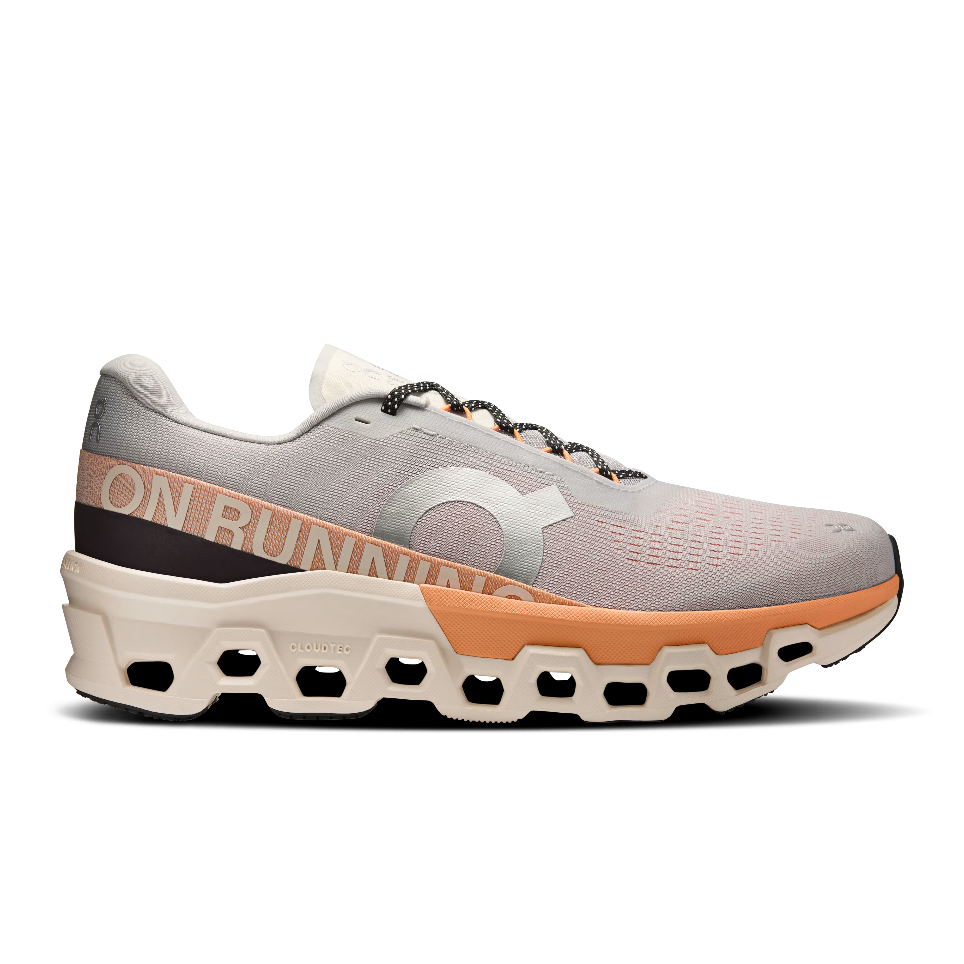 Side view on white background of Mens On Cloudmonster 2 running shoe in Glacier/Tangerine, Medium (Regular) width