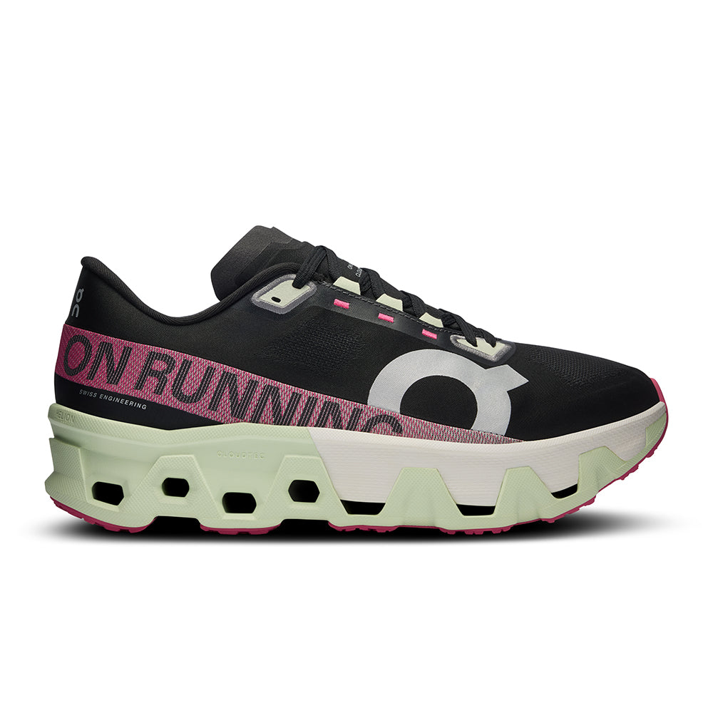 Side view on white background of Mens On Cloudmonster running shoe in Black/Lima, Medium (Regular) width