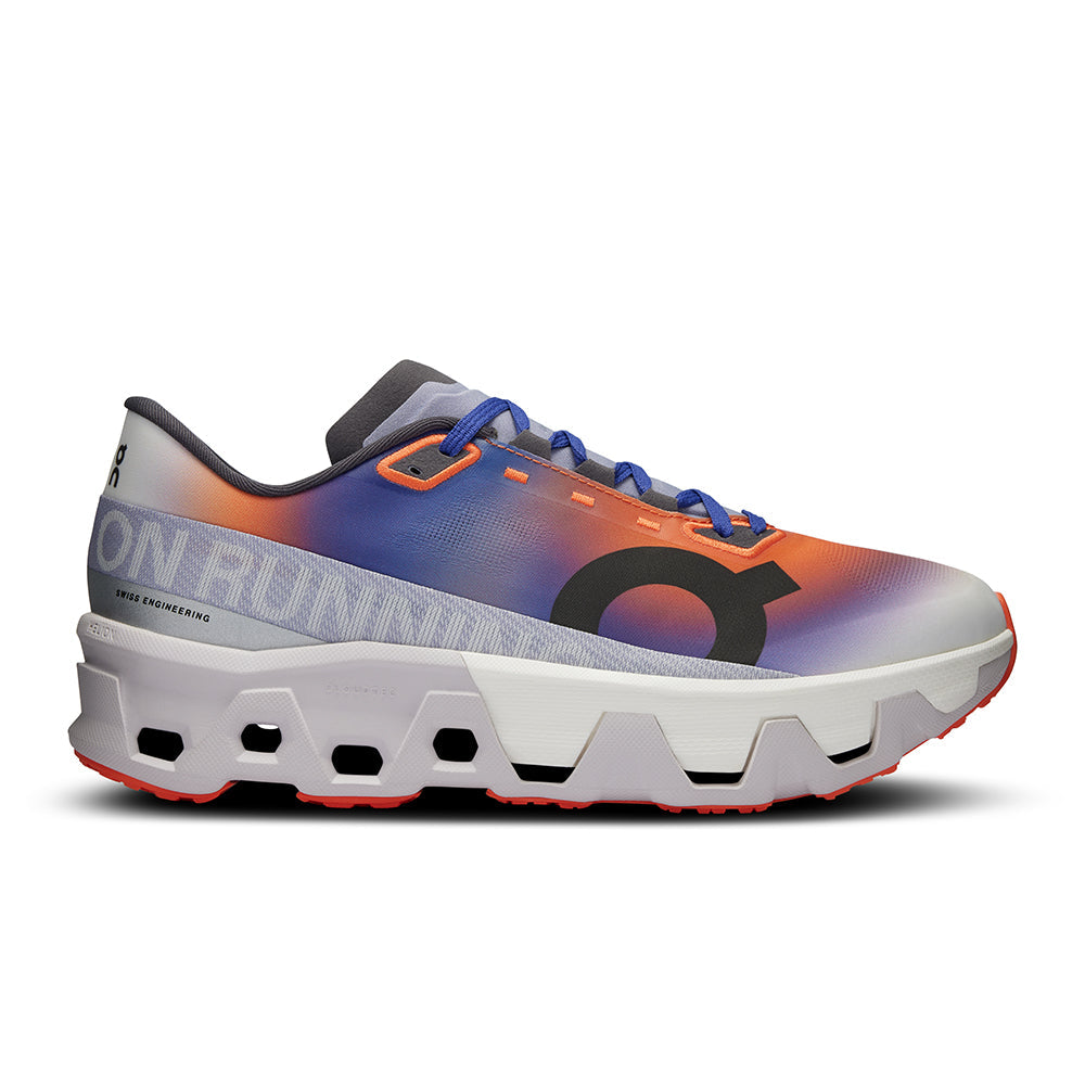 Side view on white background of Mens On Cloudmonster running shoe in Flame/Frost, Medium (Regular) width