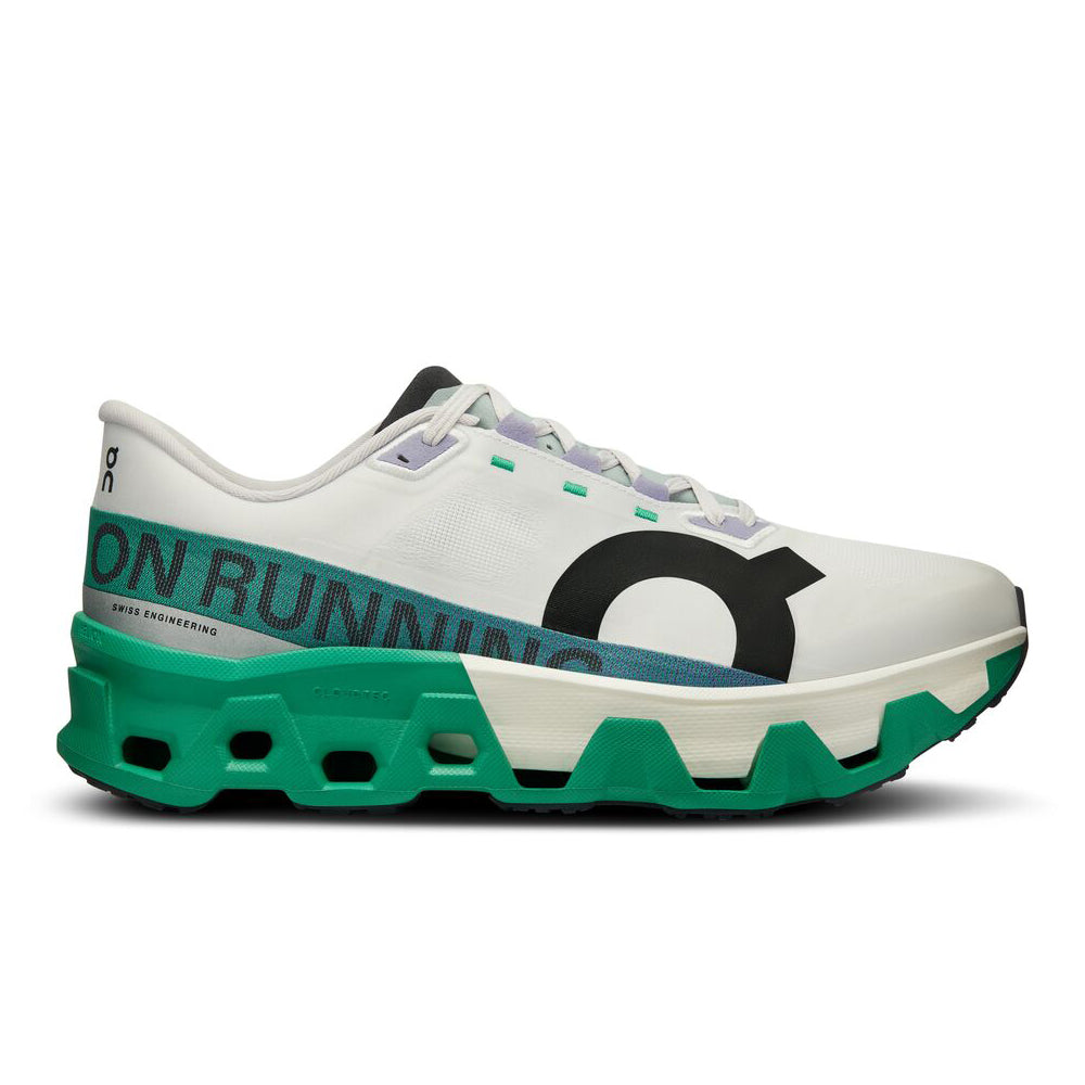 Side view on white background of Mens On Cloudmonster Hyper running shoe in Undyed/Mint, Medium (Regular) width