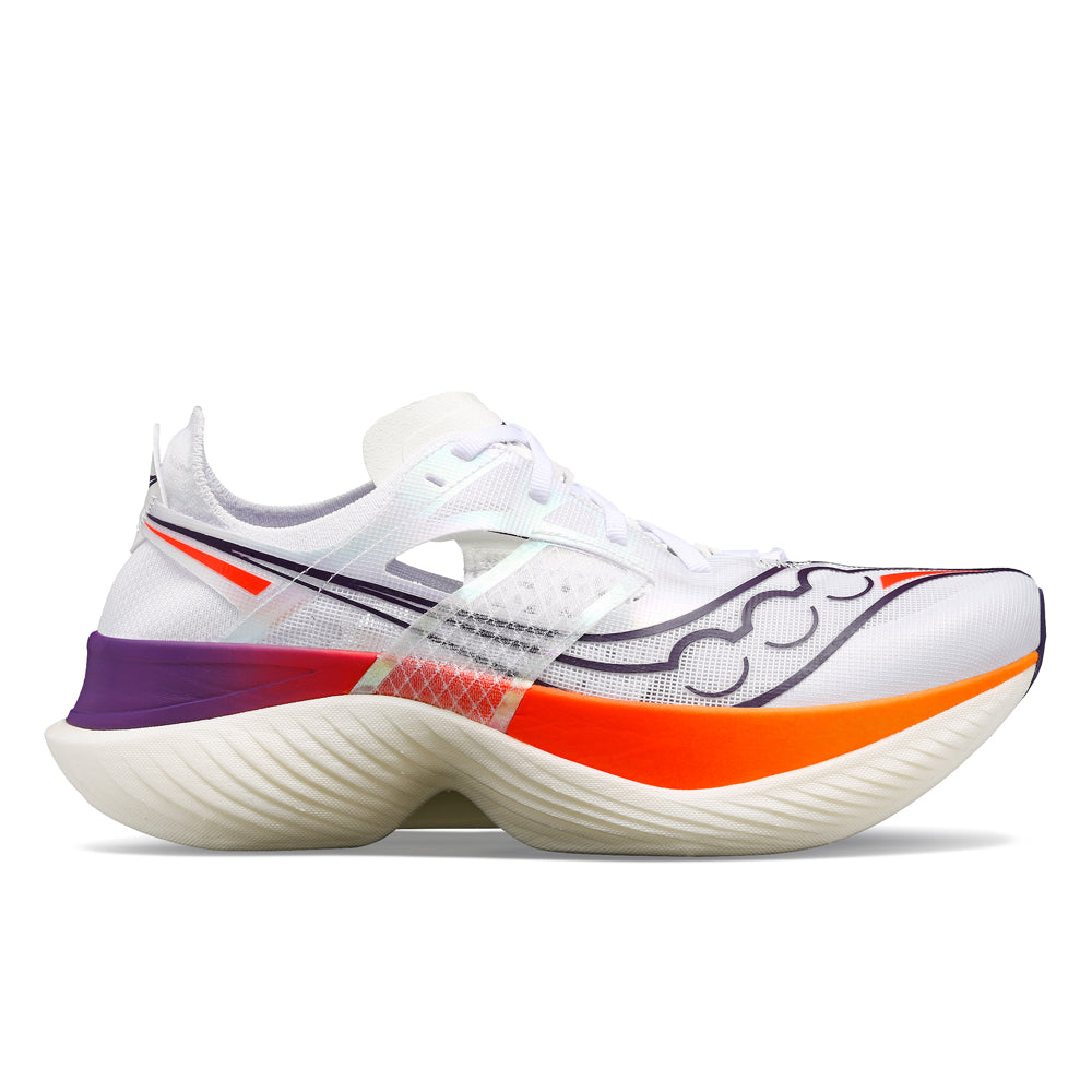 Side view on white background of Mens Saucony Endorphin Elite running shoe in White/Vizired, Medium (Regular) width