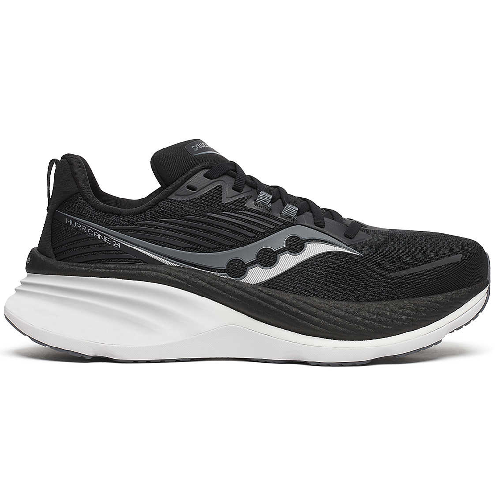 Side view on white background of Mens Saucony Hurricane 24 running shoe in Black/Carbon, Wide width