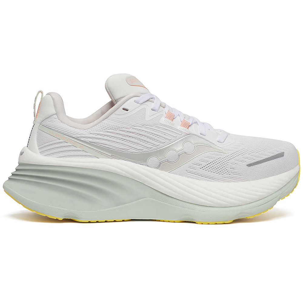 Side view on white background of Womens Saucony Hurricane 24 running shoe in White/Foam, Wide width