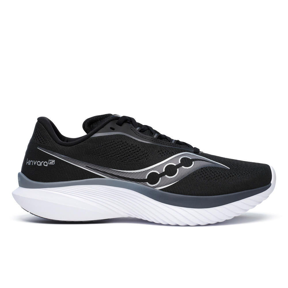 Side view on white background of Mens Saucony Kinvara running shoe in Black/White, Medium (Regular) width