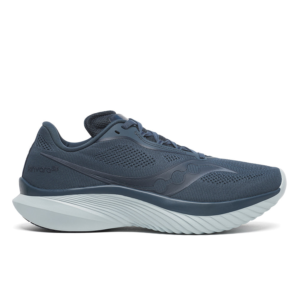 Side view on white background of Mens Saucony Kinvara 15 running shoe in Dusk and Granite, Medium width