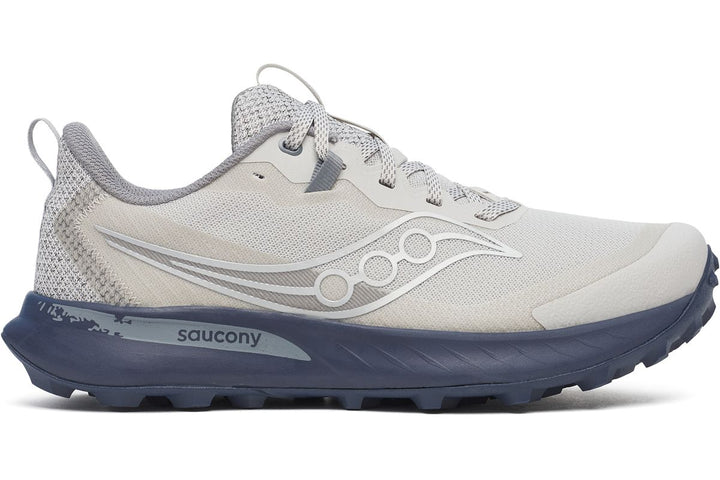 Side view on white background of Mens Saucony Peregrine 15 running shoe in Arctic/Navy, Medium (Regular) width