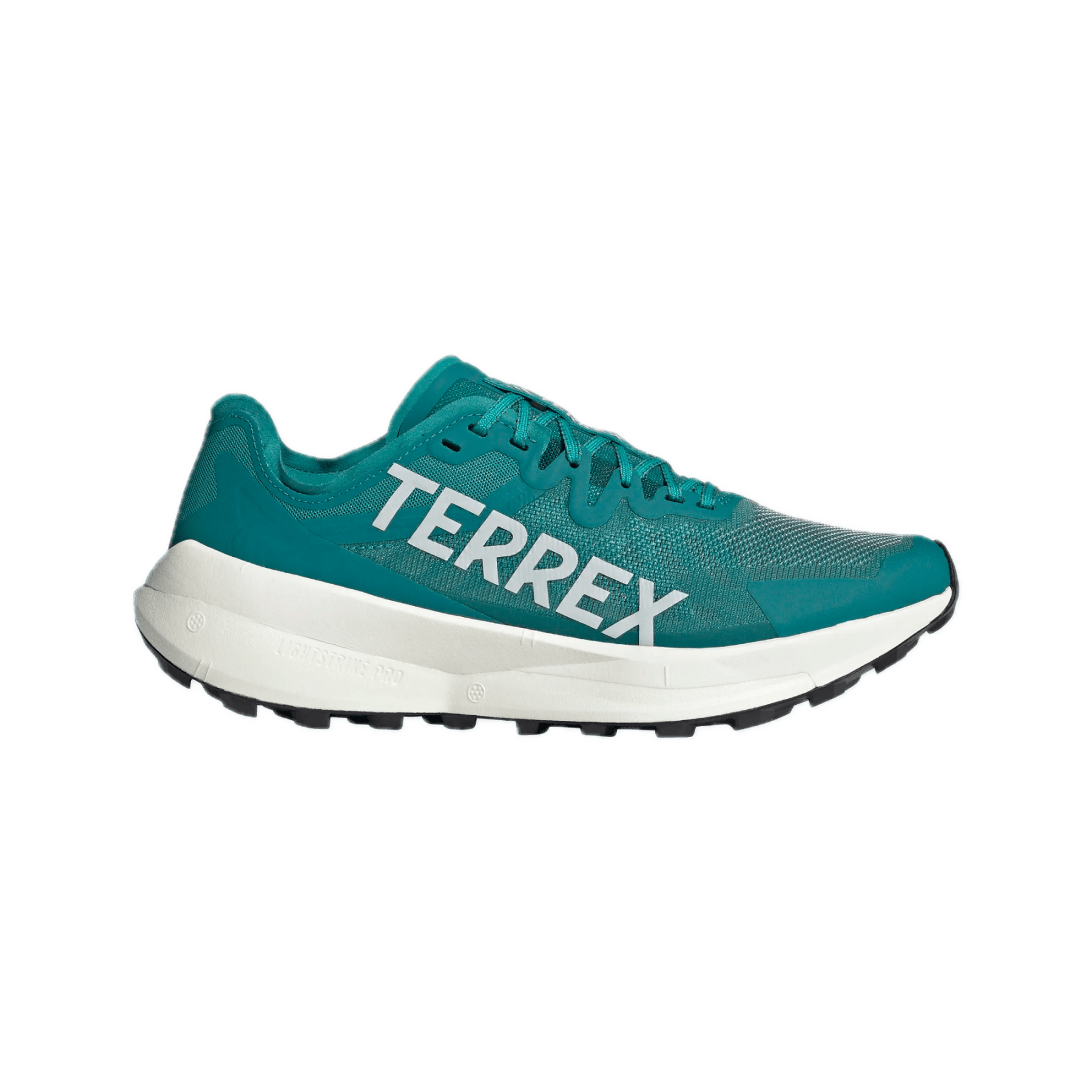 Side view on white background of Mens Adidas Terrex Agravic Speed running shoe in Pure Teal/Grey One, Medium (Regular) width