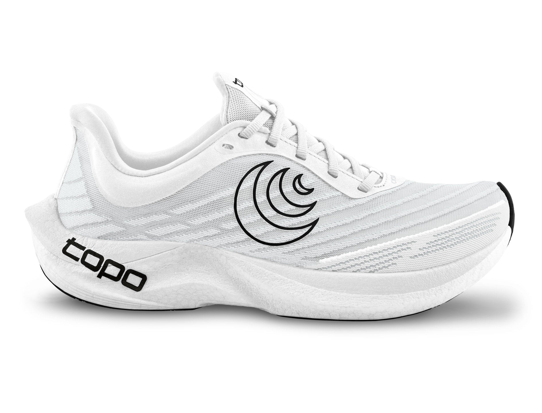 Side view on white background of Womens Topo Athletic Cyclone 2 running shoe in White/Black, Medium (Regular) width