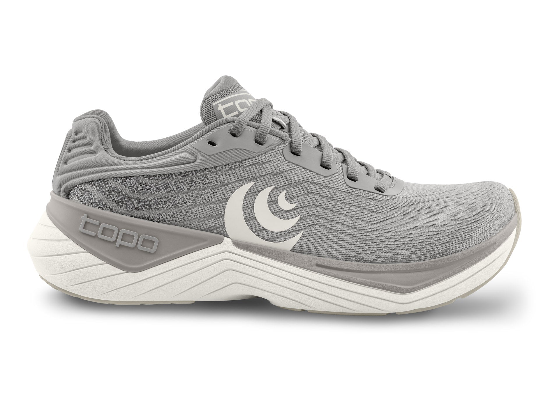 Side view on white background of Mens Topo Athletic Ultrafly 5 running shoe in Dark Grey/Grey, Medium (Regular) width