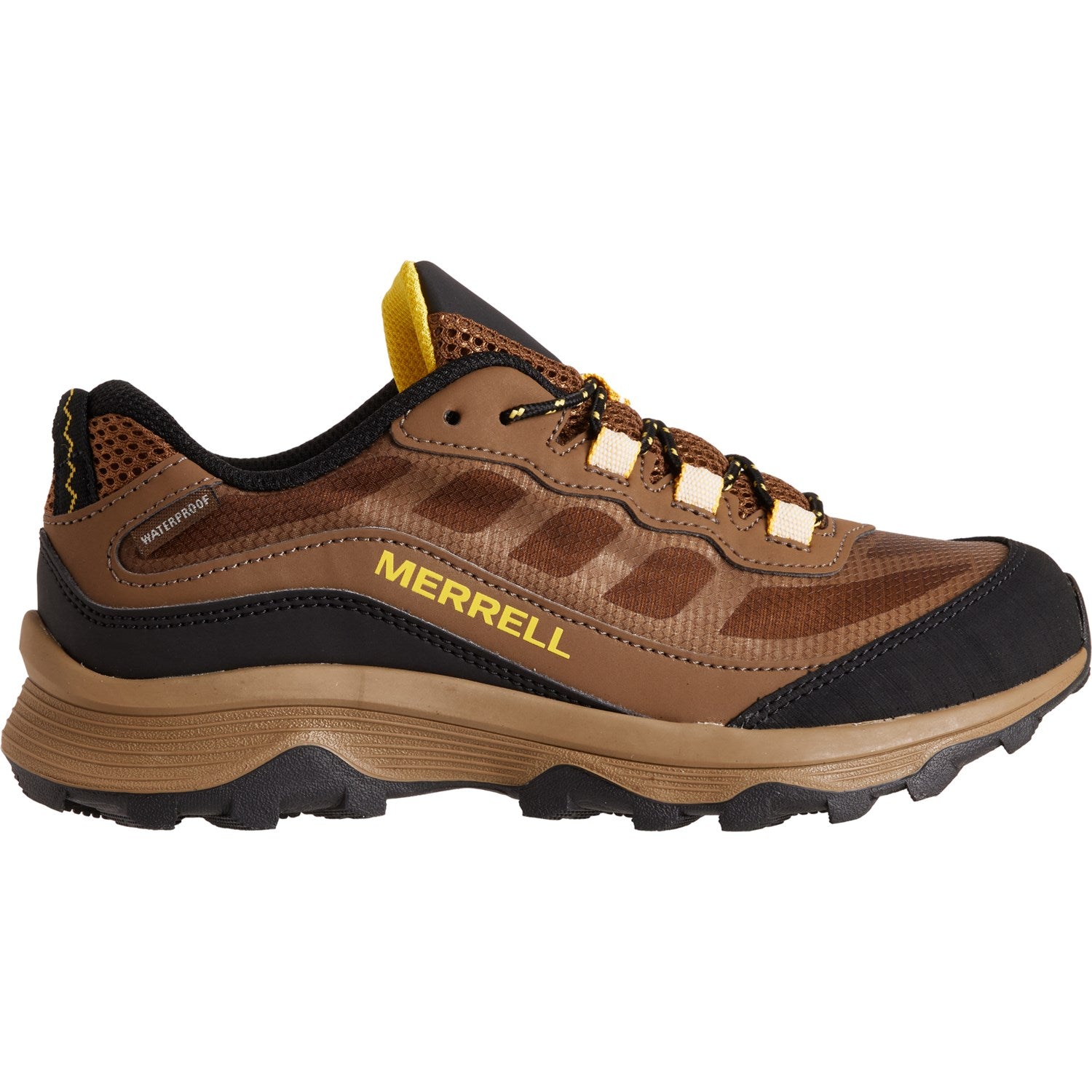 Side view on white background of Kids Merrell Moab Speed Low Waterproof running shoe in Walnut, Medium (Regular) width