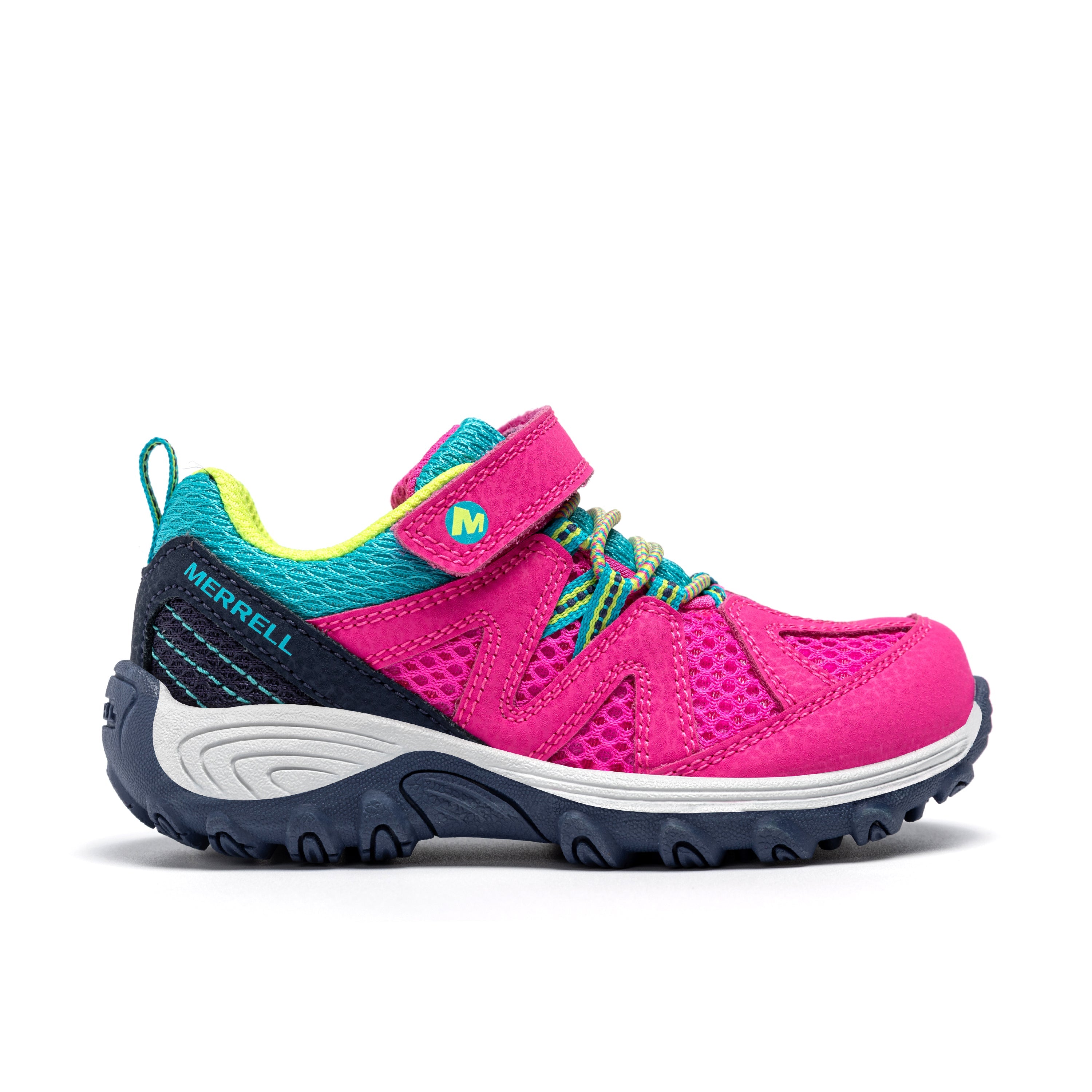 Side view on white background of Kids Merrell Ridge Trek running shoe in Pink, Wide width