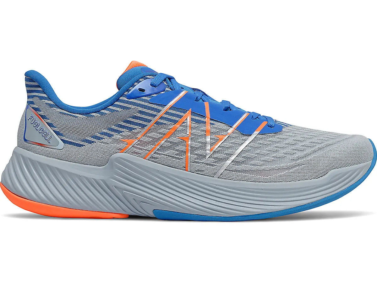 Side view on white background of Mens New Balance FuelCell Prism V2 running shoe in Light Slate/Laser Blue, Medium (Regular) width