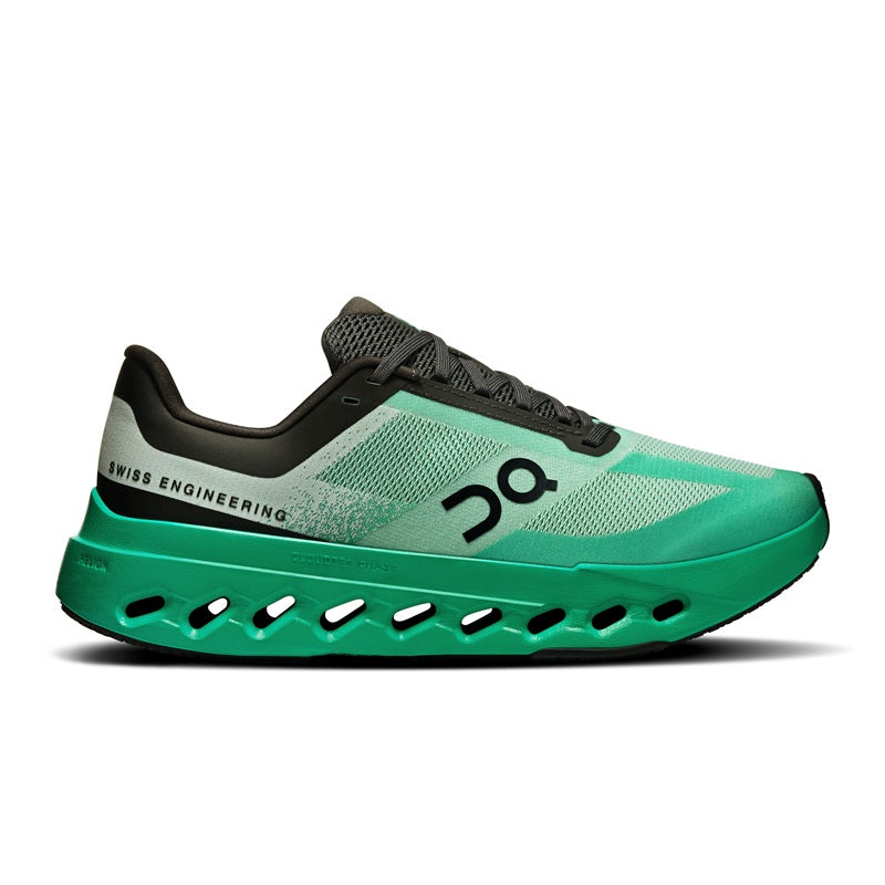Side view on white background of Mens On Cloudsurfer Next running shoe in Mint/Black, Medium (Regular) width