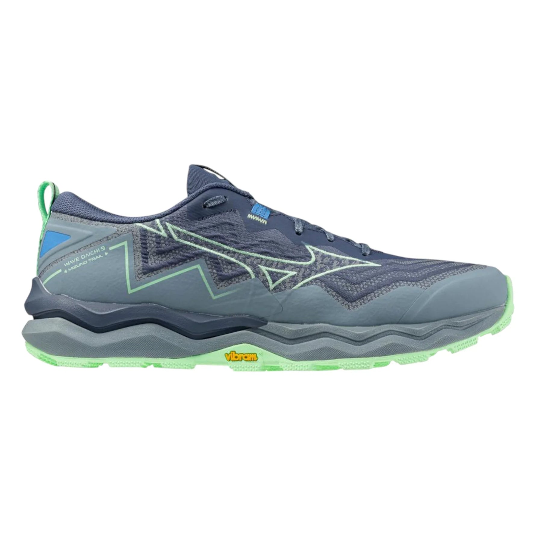 Side view on white background of Mens Mizuno Wave Daichi 9 running shoe in Vintage Indigo/Neo Mint, Medium (Regular) width