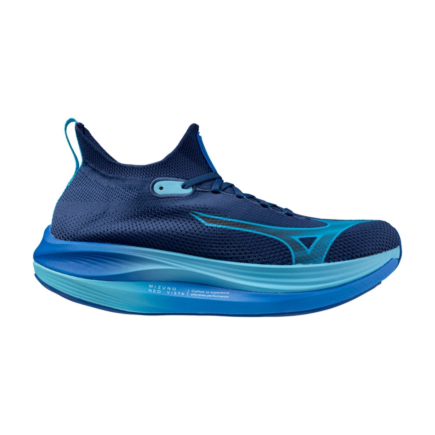 Side view on white background of Mens Mizuno Neo Vista running shoe in Estate Blue/River Blue, Medium (Regular) width