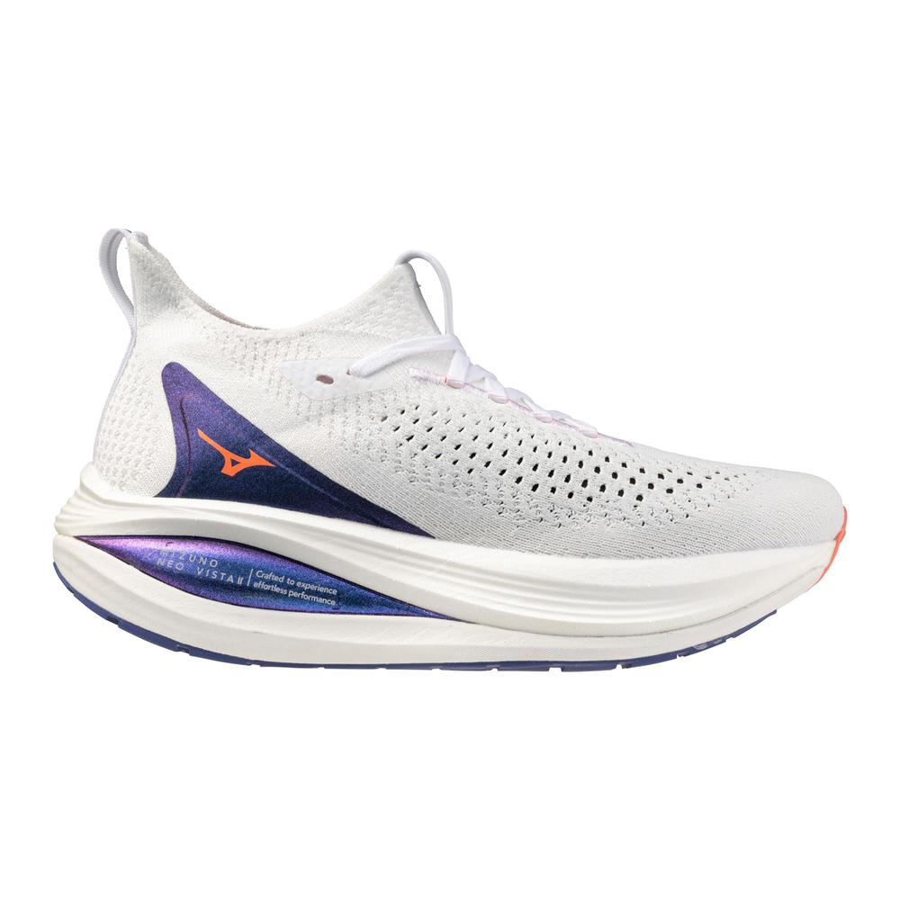 Side view on white background of Womens Mizuno Neo Vista 2 running shoe in White/Striking Coral, Medium (Regular) width