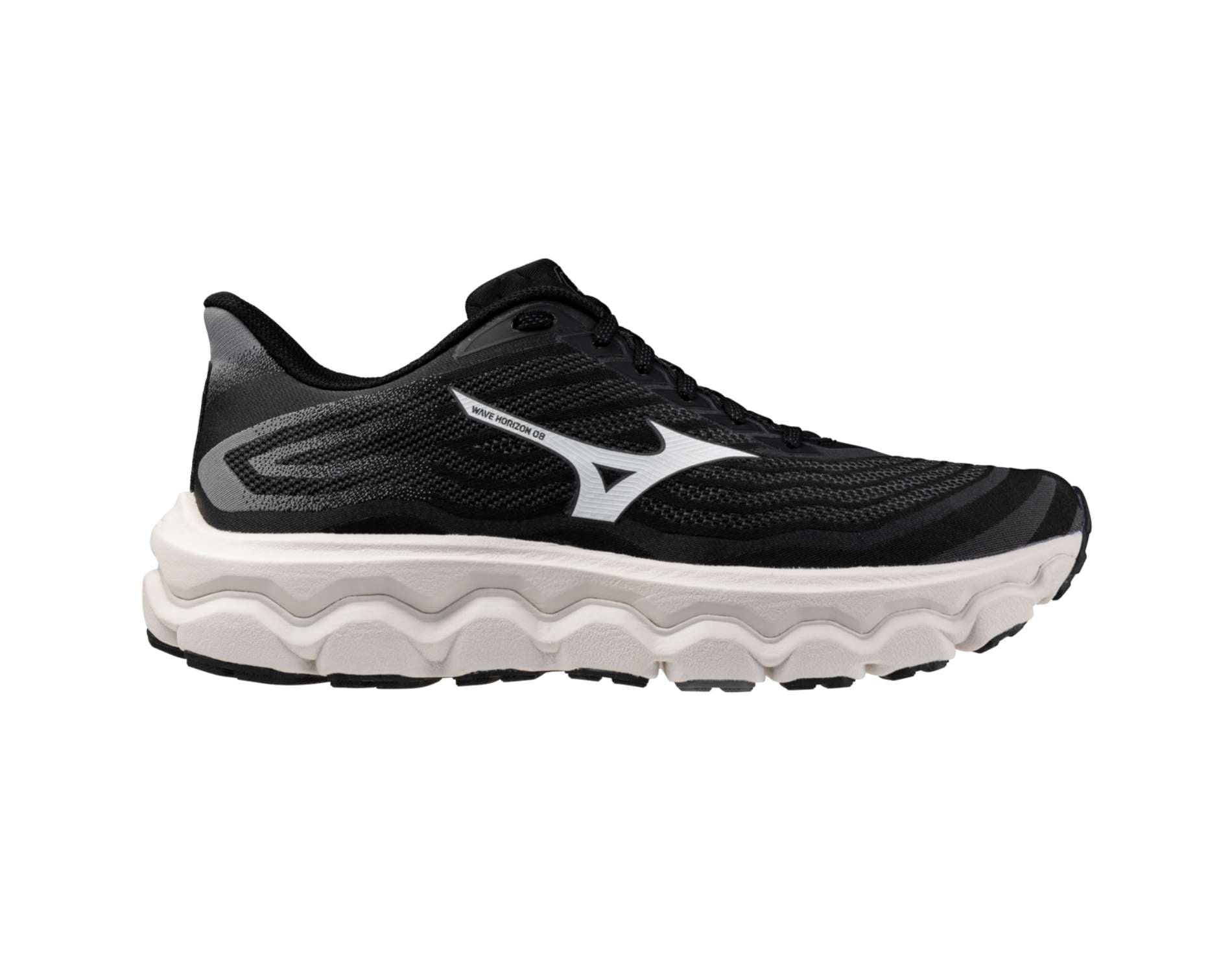 Side view on white background of Mens Mizuno Wave Horizon 8 running shoe in Black/White, Medium (Regular) width