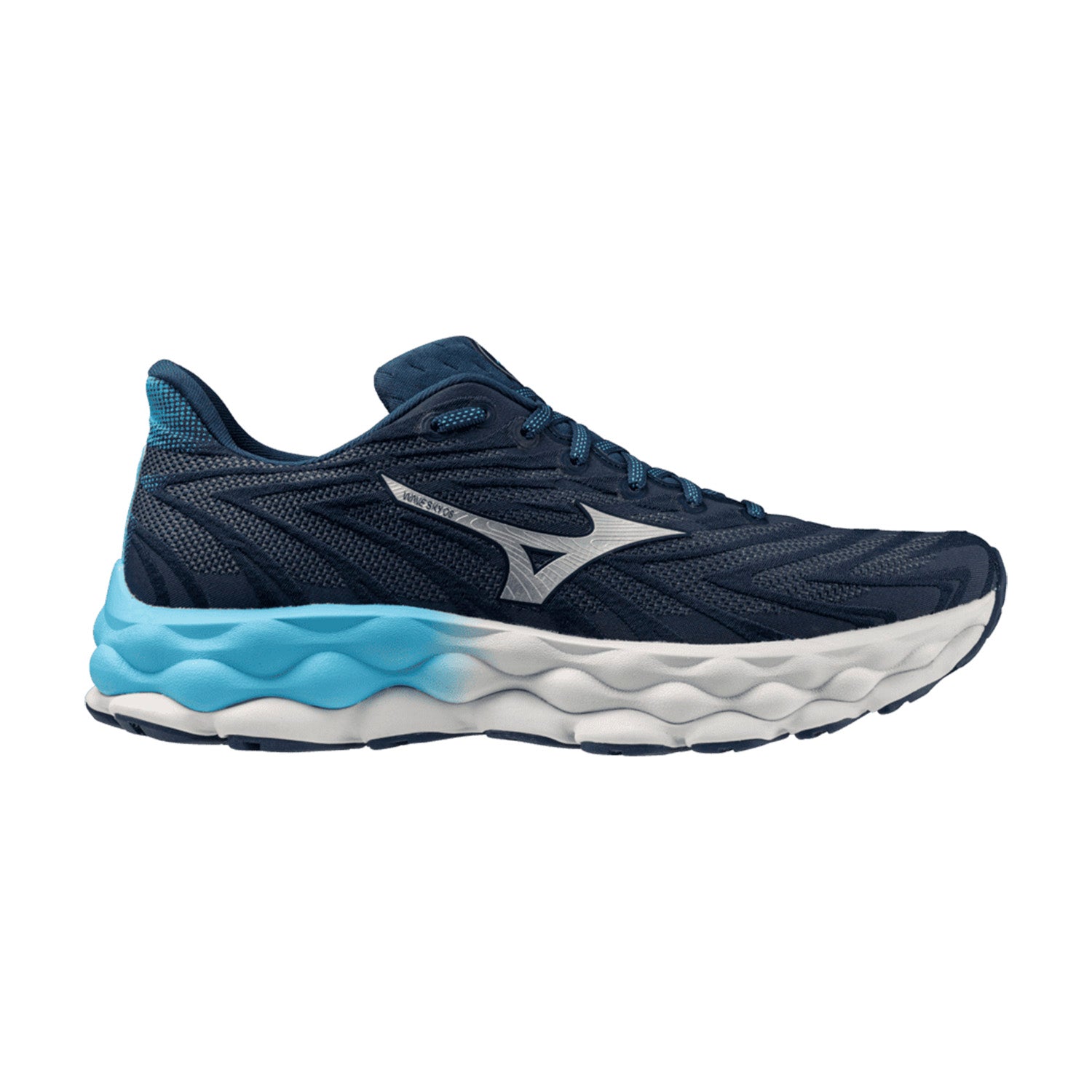 Side view on white background of Mens Mizuno Wave Sky 8 running shoe in Blue Wing/Teal Silver, Medium (Regular) width