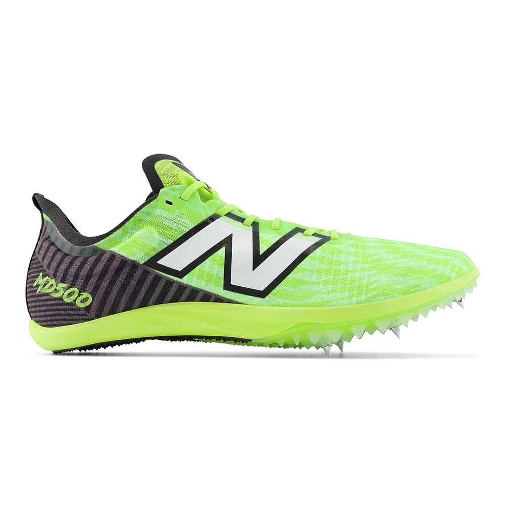 Side view on white background of Mens New Balance FuelCell MD500 V9 running shoe in Thirty Watt/Black, Medium (Regular) width