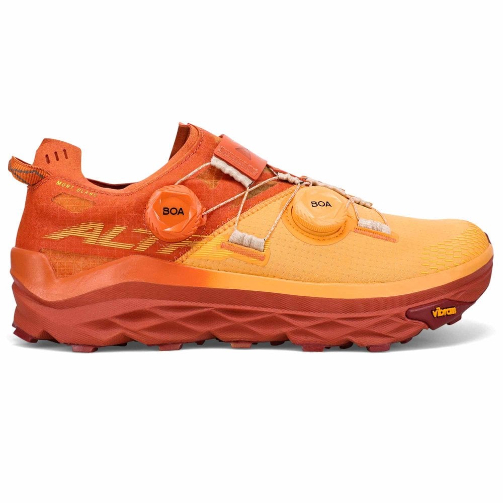 Side view on white background of Womens Altra Mont Blanc Boa running shoe in Golden Hour, Medium (Regular) width