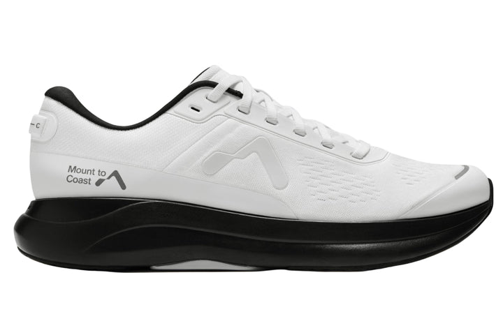 Side view on white background of Womens Mount To Coast P1 running shoe in White/Black, Medium (Regular) width