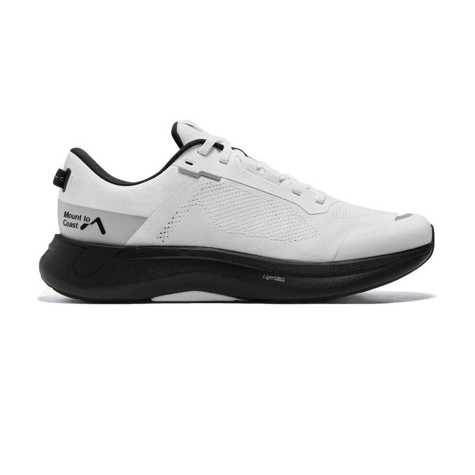 Side view on white background of Mens Mount To Coast S1 running shoe in White/Black, Medium (Regular) width