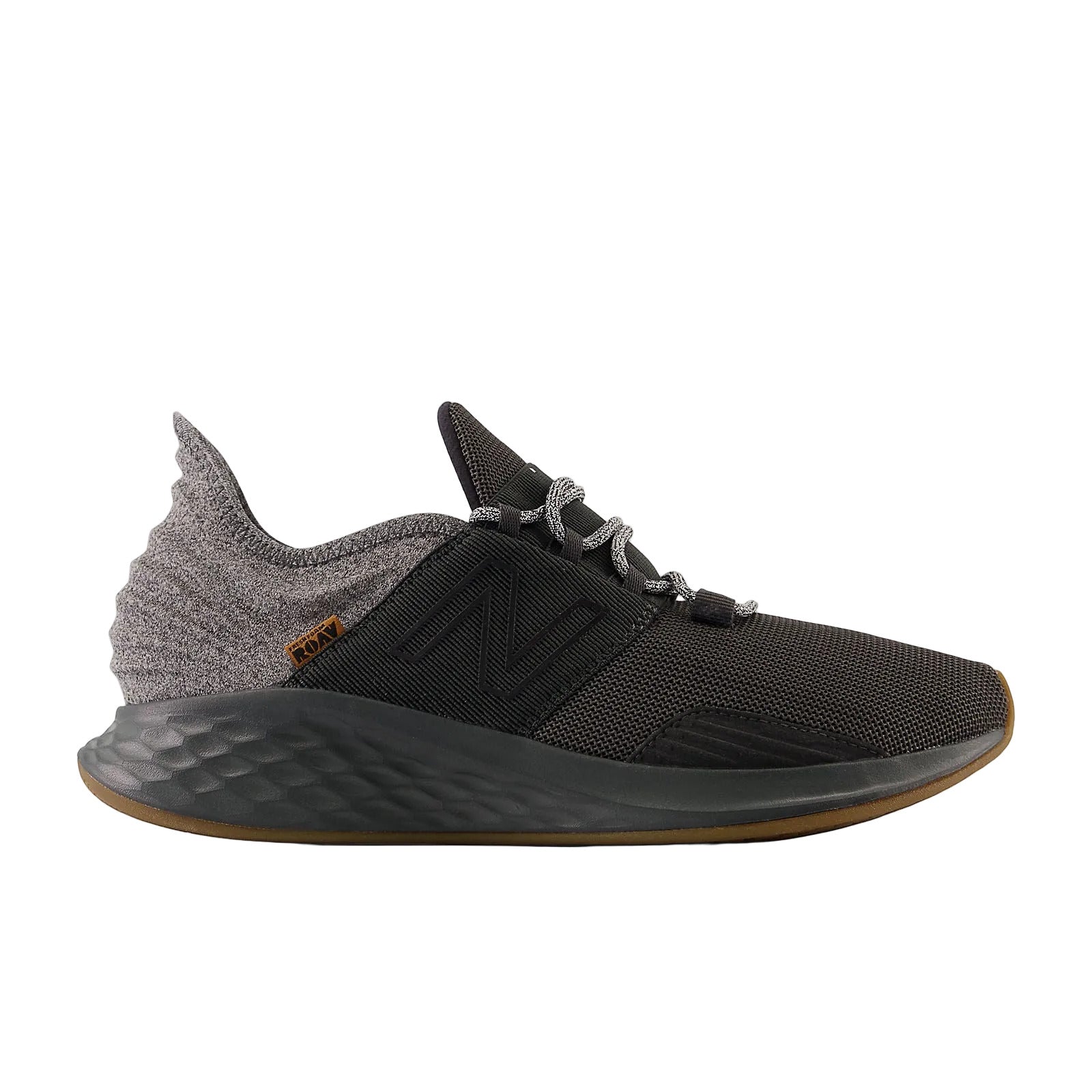 Side view on white background of Mens New Balance Fresh Foam Roav V1 running shoe in Paperwhite/Gum, Medium (Regular) width